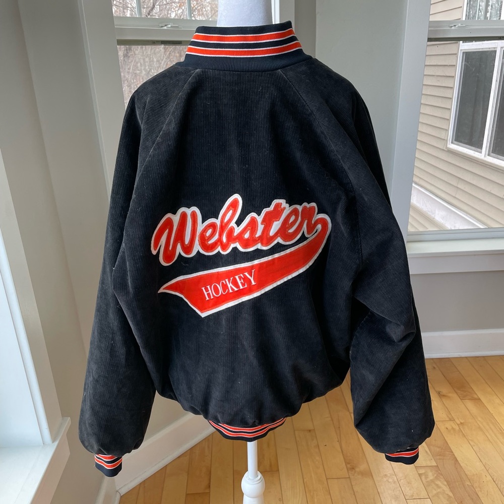Vintage Action Jackets Black Orange Corduroy Webster Hockey Varsity Jacket